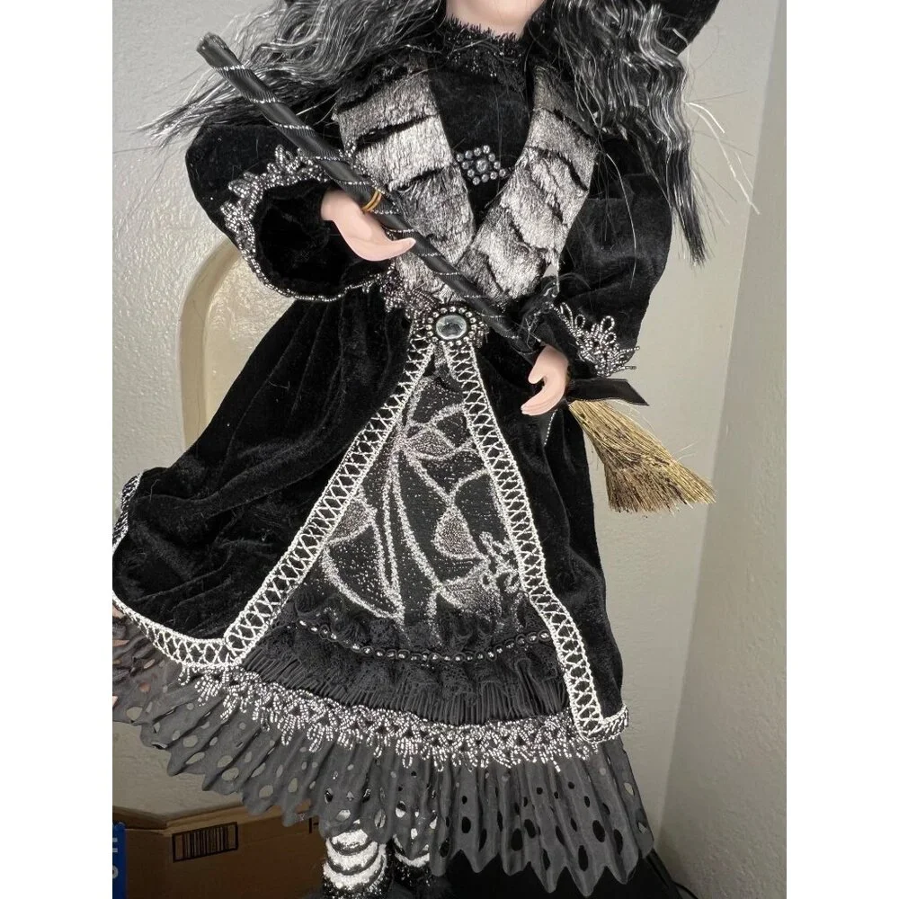 Porcelain Witch Doll Black Silver Velvet Dress Broomstick Halloween Collectible